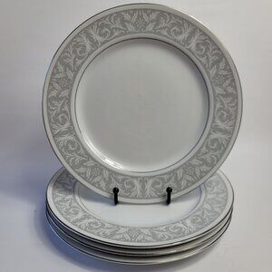 FOUR Imperial China Whitney Dinner Plates White Gray Band Leaf Scrolls W. Dalton